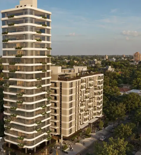 Rendering ufficiale di Invicta Mariscal: la torre con terrazze verdi e l’edificio residenziale tra gli alberi di Asunción