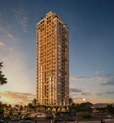 Rendering ufficiale di Quartiere – La Dolce Vita: la torre residenziale illuminata al tramonto a Villa Morra