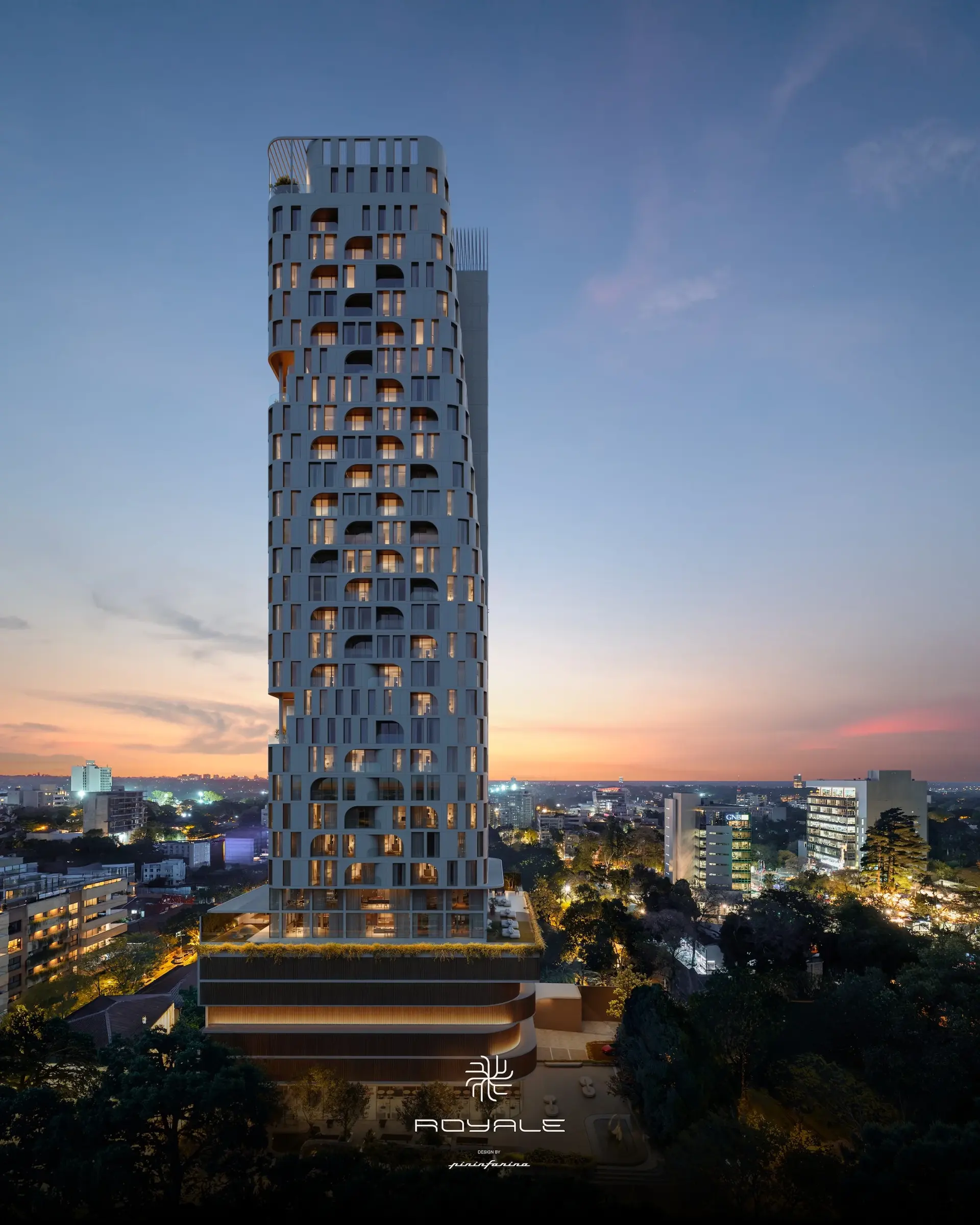 Rendering ufficiale di Royale Design by Pininfarina: la torre residenziale illuminata al tramonto sopra lo skyline di Asunción