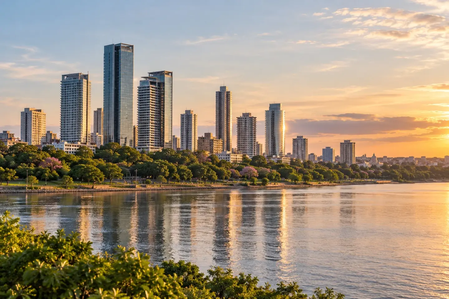 Lo skyline moderno di Asunción affacciato sul fiume Paraguay alla luce dorata del tramonto