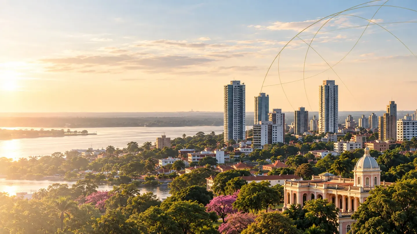 Veduta di Asunción alla luce del tramonto: lo skyline moderno, il fiume Paraguay e la vegetazione della città